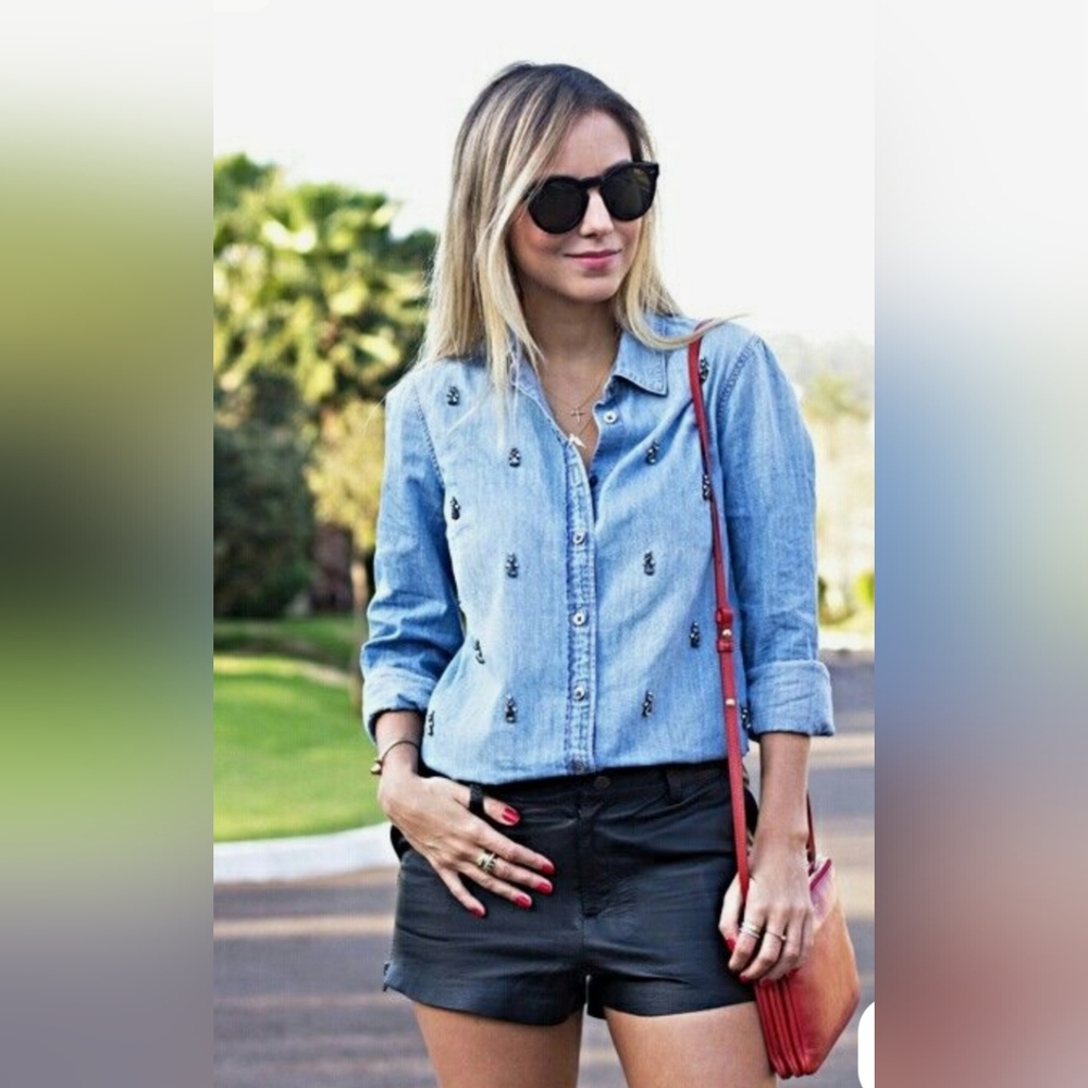 J. Crew Blue Denim Shirt with Crystals.